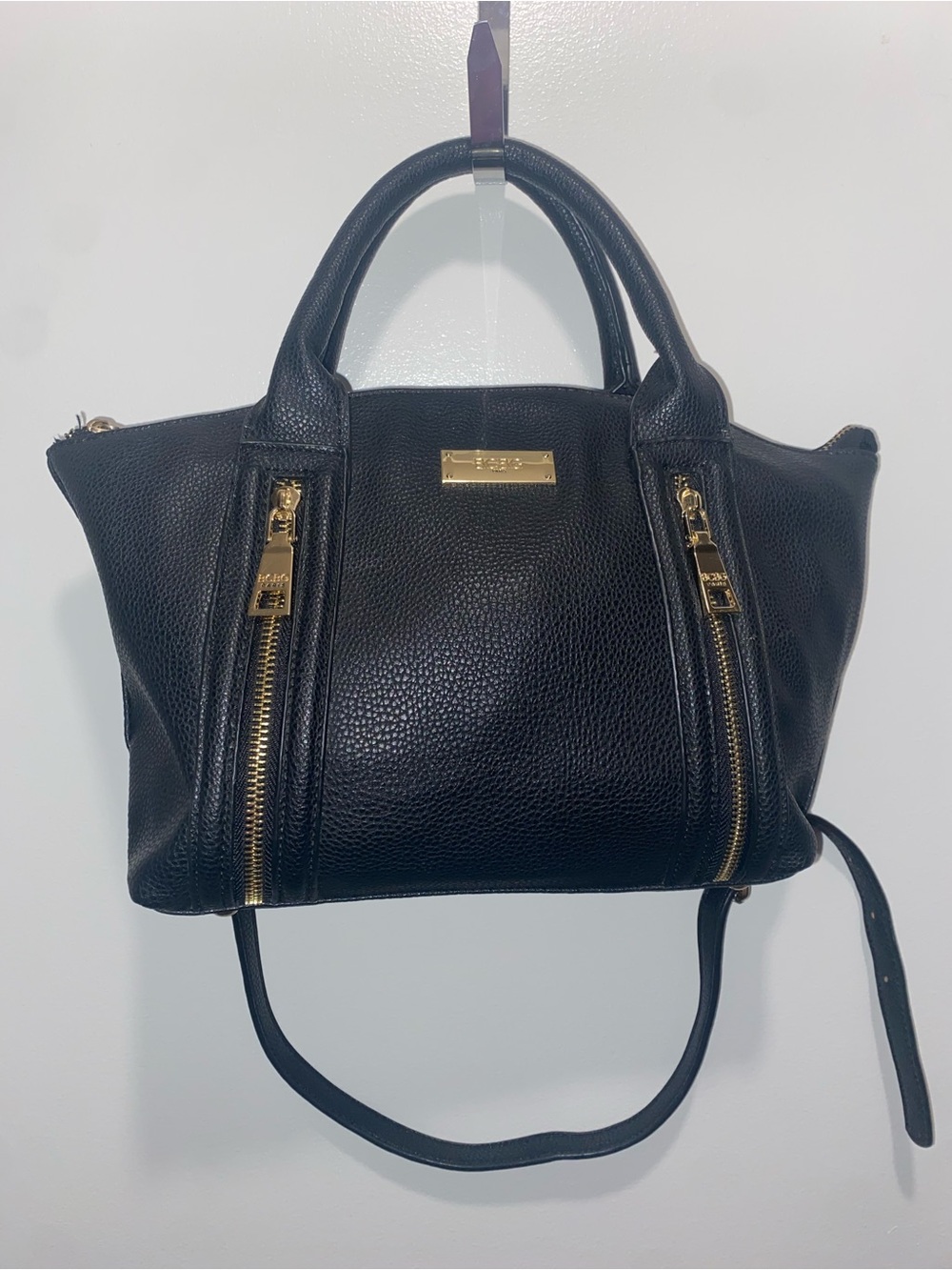 BCBG Black Pebbled Leather Satchel with Gold Hardware